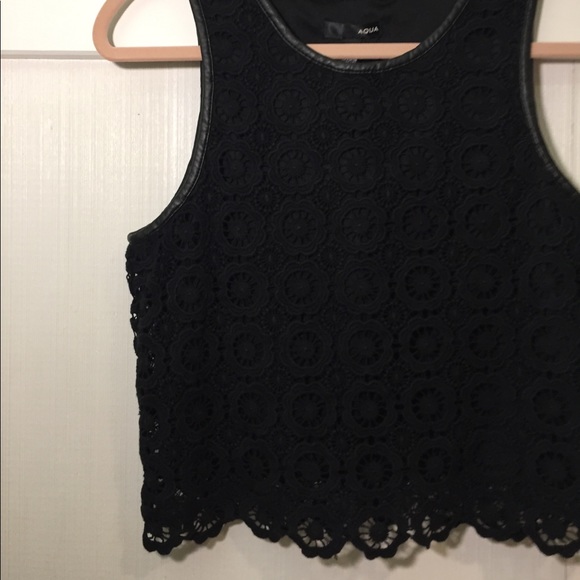 Aqua Tops - Crochet black top with leather detail